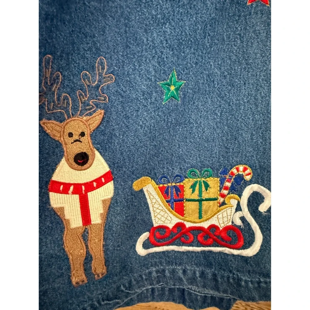 Tantrums Vintage Christmas Denim Jacket Embroidered Santa Reindeer Plaid Collar - Picture 3 of 9